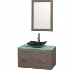 36 inch Single Bathroom Vanity in Gray Oak, Green Glass Countertop, Arista Black Granite Sink, and 24 inch Mirror