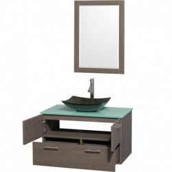 36 inch Single Bathroom Vanity in Gray Oak, Green Glass Countertop, Arista Black Granite Sink, and 24 inch Mirror
