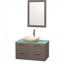 36 inch Single Bathroom Vanity in Gray Oak, Green Glass Countertop, Arista Ivory Marble Sink, and 24 inch Mirror