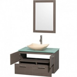 36 inch Single Bathroom Vanity in Gray Oak, Green Glass Countertop, Arista Ivory Marble Sink, and 24 inch Mirror