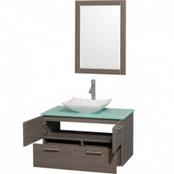 36 inch Single Bathroom Vanity in Gray Oak, Green Glass Countertop, Arista White Carrera Marble Sink, and 24 inch Mirror