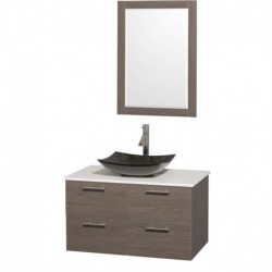 36 inch Single Bathroom Vanity in Gray Oak, White Man-Made Stone Countertop, Arista Black Granite Sink, and 24 inch Mirror
