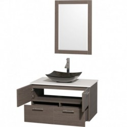 36 inch Single Bathroom Vanity in Gray Oak, White Man-Made Stone Countertop, Arista Black Granite Sink, and 24 inch Mirror