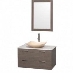 36 inch Single Bathroom Vanity in Gray Oak, White Man-Made Stone Countertop, Arista Ivory Marble Sink, and 24 inch Mirror