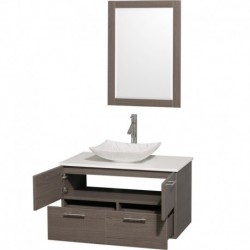 36 inch Single Bathroom Vanity in Gray Oak, White Man-Made Stone Countertop, Arista White Carrera Marble Sink, and 24 inch Mirr