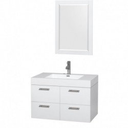36 inch Single Bathroom Vanity in Glossy White, Acrylic Resin Countertop, Integrated Sink, and 24 inch Mirror