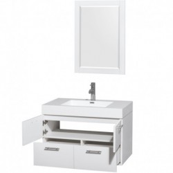 36 inch Single Bathroom Vanity in Glossy White, Acrylic Resin Countertop, Integrated Sink, and 24 inch Mirror