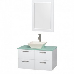 36 inch Single Bathroom Vanity in Glossy White, Green Glass Countertop, Pyra Bone Porcelain Sink, and 24 inch Mirror
