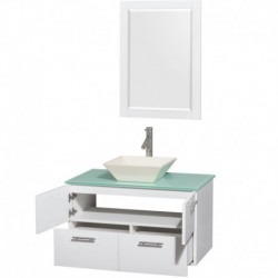 36 inch Single Bathroom Vanity in Glossy White, Green Glass Countertop, Pyra Bone Porcelain Sink, and 24 inch Mirror