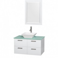 36 inch Single Bathroom Vanity in Glossy White, Green Glass Countertop, Pyra White Sink, and 24 inch Mirror