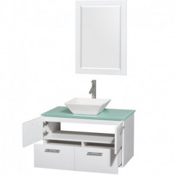 36 inch Single Bathroom Vanity in Glossy White, Green Glass Countertop, Pyra White Sink, and 24 inch Mirror