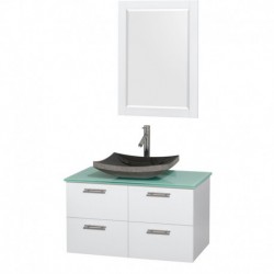 36 inch Single Bathroom Vanity in Glossy White, Green Glass Countertop, Altair Black Granite Sink, and 24 inch Mirror
