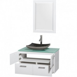 36 inch Single Bathroom Vanity in Glossy White, Green Glass Countertop, Altair Black Granite Sink, and 24 inch Mirror