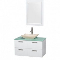 36 inch Single Bathroom Vanity in Glossy White, Green Glass Countertop, Avalon Ivory Marble Sink, and 24 inch Mirror