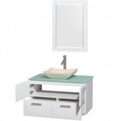36 inch Single Bathroom Vanity in Glossy White, Green Glass Countertop, Avalon Ivory Marble Sink, and 24 inch Mirror