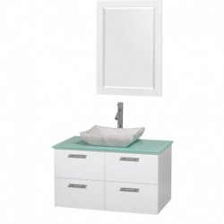 36 inch Single Bathroom Vanity in Glossy White, Green Glass Countertop, Avalon White Carrera Marble Sink, and 24 inch Mirror