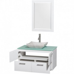 36 inch Single Bathroom Vanity in Glossy White, Green Glass Countertop, Avalon White Carrera Marble Sink, and 24 inch Mirror