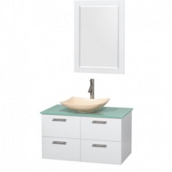 36 inch Single Bathroom Vanity in Glossy White, Green Glass Countertop, Arista Ivory Marble Sink, and 24 inch Mirror