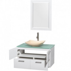 36 inch Single Bathroom Vanity in Glossy White, Green Glass Countertop, Arista Ivory Marble Sink, and 24 inch Mirror
