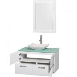 36 inch Single Bathroom Vanity in Glossy White, Green Glass Countertop, Arista White Carrera Marble Sink, and 24 inch Mirror