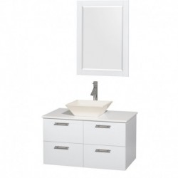 36 inch Single Bathroom Vanity in Glossy White, White Man-Made Stone Countertop, Pyra Bone Porcelain Sink, and 24 inch Mirror
