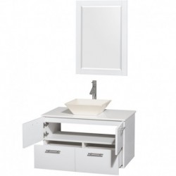 36 inch Single Bathroom Vanity in Glossy White, White Man-Made Stone Countertop, Pyra Bone Porcelain Sink, and 24 inch Mirror
