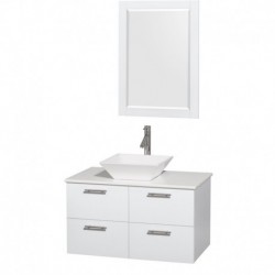 36 inch Single Bathroom Vanity in Glossy White, White Man-Made Stone Countertop, Pyra White Sink, and 24 inch Mirror