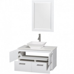 36 inch Single Bathroom Vanity in Glossy White, White Man-Made Stone Countertop, Pyra White Sink, and 24 inch Mirror