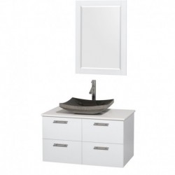 36 inch Single Bathroom Vanity in Glossy White, White Man-Made Stone Countertop, Altair Black Granite Sink, and 24 inch Mirror