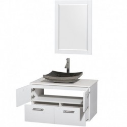 36 inch Single Bathroom Vanity in Glossy White, White Man-Made Stone Countertop, Altair Black Granite Sink, and 24 inch Mirror