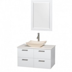 36 inch Single Bathroom Vanity in Glossy White, White Man-Made Stone Countertop, Avalon Ivory Marble Sink, and 24 inch Mirror