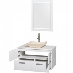 36 inch Single Bathroom Vanity in Glossy White, White Man-Made Stone Countertop, Avalon Ivory Marble Sink, and 24 inch Mirror