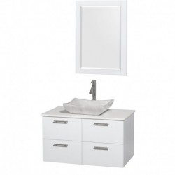 36 inch Single Bathroom Vanity in Glossy White, White Man-Made Stone Countertop, Avalon White Carrera Marble Sink, and 24 inch