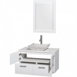 36 inch Single Bathroom Vanity in Glossy White, White Man-Made Stone Countertop, Avalon White Carrera Marble Sink, and 24 inch