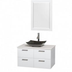 36 inch Single Bathroom Vanity in Glossy White, White Man-Made Stone Countertop, Arista Black Granite Sink, and 24 inch Mirror