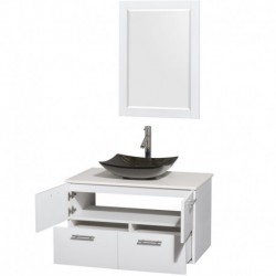 36 inch Single Bathroom Vanity in Glossy White, White Man-Made Stone Countertop, Arista Black Granite Sink, and 24 inch Mirror
