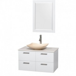 36 inch Single Bathroom Vanity in Glossy White, White Man-Made Stone Countertop, Arista Ivory Marble Sink, and 24 inch Mirror