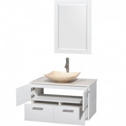 36 inch Single Bathroom Vanity in Glossy White, White Man-Made Stone Countertop, Arista Ivory Marble Sink, and 24 inch Mirror