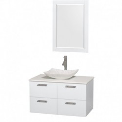 36 inch Single Bathroom Vanity in Glossy White, White Man-Made Stone Countertop, Arista White Carrera Marble Sink, and 24 inch