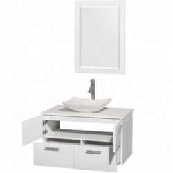 36 inch Single Bathroom Vanity in Glossy White, White Man-Made Stone Countertop, Arista White Carrera Marble Sink, and 24 inch