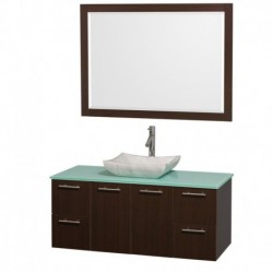 48 inch Single Bathroom Vanity in Espresso with Green Glass Top with Carrera Marble Sink, and 46 inch Mirror