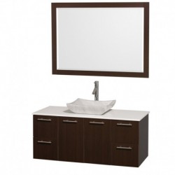 48 inch Single Bathroom Vanity in Espresso with White Man-Made Stone Top with Carrera Marble Sink, and 46 inch Mirror