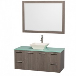 48 inch Single Bathroom Vanity in Gray Oak with Green Glass Top with Bone Porcelain Sink, and 46 inch Mirror