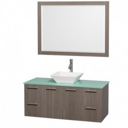 48 inch Single Bathroom Vanity in Gray Oak with Green Glass Top with White Porcelain Sink, and 46 inch Mirror