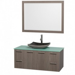 48 inch Single Bathroom Vanity in Gray Oak with Green Glass Top with Black Granite Sink, and 46 inch Mirror