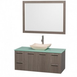 48 inch Single Bathroom Vanity in Gray Oak with Green Glass Top with Ivory Marble Sink, and 46 inch Mirror