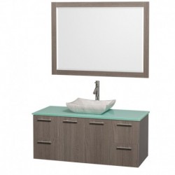 48 inch Single Bathroom Vanity in Gray Oak with Green Glass Top with Carrera Marble Sink, and 46 inch Mirror
