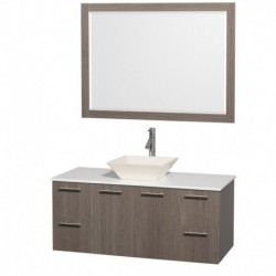 48 inch Single Bathroom Vanity in Gray Oak with White Man-Made Stone Top with Bone Porcelain Sink, and 46 inch Mirror