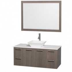 48 inch Single Bathroom Vanity in Gray Oak with White Man-Made Stone Top with White Porcelain Sink, and 46 inch Mirror