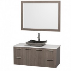 48 inch Single Bathroom Vanity in Gray Oak with White Man-Made Stone Top with Black Granite Sink, and 46 inch Mirror